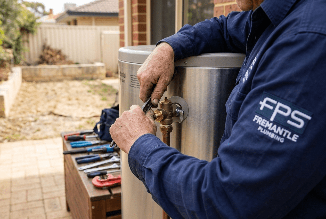 Fremantle Plumbing servicing a hot water tempering valve Close up of a Fremantle Plumbing technician servicing a hot water system tempering valve